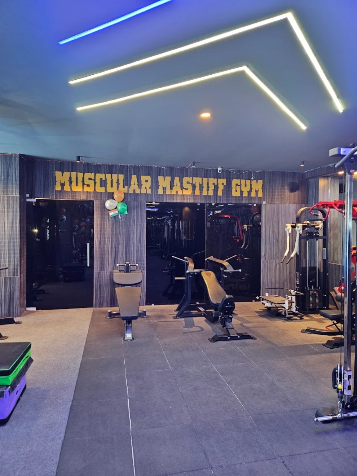 Blue-lit gym interior
